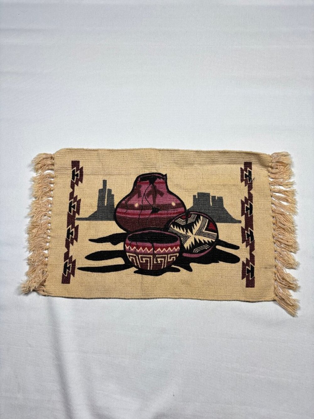 Vtg Southwestern Woven Cotton Fringed Placemat Rug El Paso Saddleblanket Style